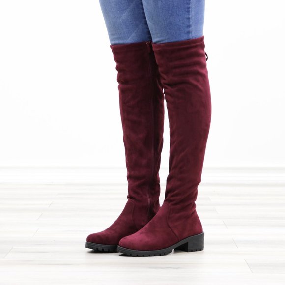 Wine Lug Sole Thigh High Boots Back Lace Tie - Picture 13 of 14